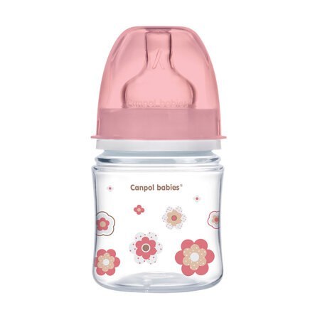 CANPOL 35/216 Butelka szerokootworowa antykolkowa Easystart Newborn Baby 120 ml różowe kwiaty